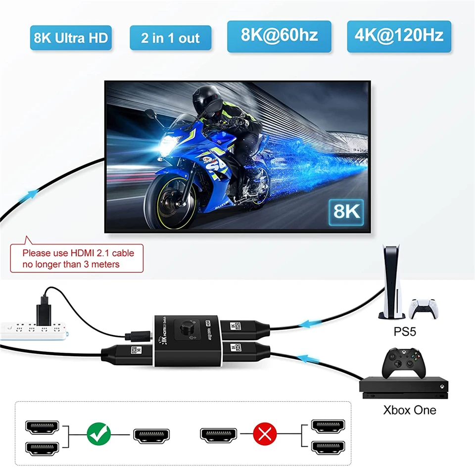 2026 Switcher HDMI 2.1-compatible 2 in 1 out Ultra 48Gbps 8K@60Hz 4K@120Hz Switch adapter With switch button For HDTV Projector