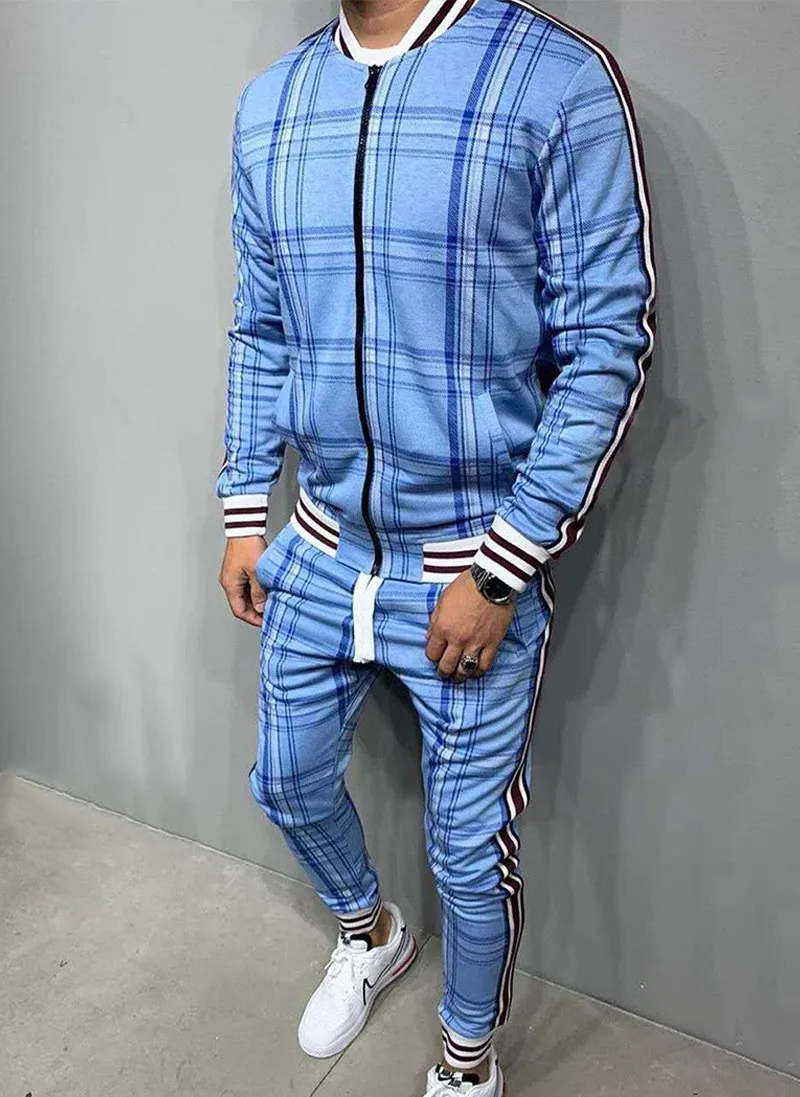 New Gentlemen Tracksuit Men Fashion Sporting Suit Men Sets Brand Plaid Zipper Sweatshirt+Sweatpants Mens Clothing 2 Pieces Sets