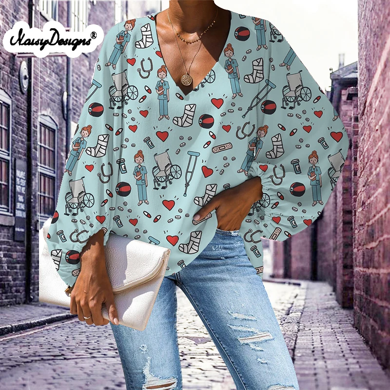 Noisydesigns Girls Pattern Large Size 4XL Women Blouse 2021 Casual Loose Long Sleeve Shirt Tops V-neck Female Clothing Dropship