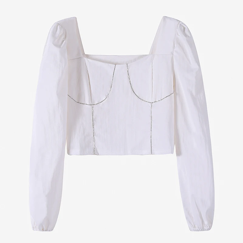 Blusa de manga larga con cuello cuadrado para mujer, camisa de Chifón con empalme, color blanco y negro, Primavera, 2021