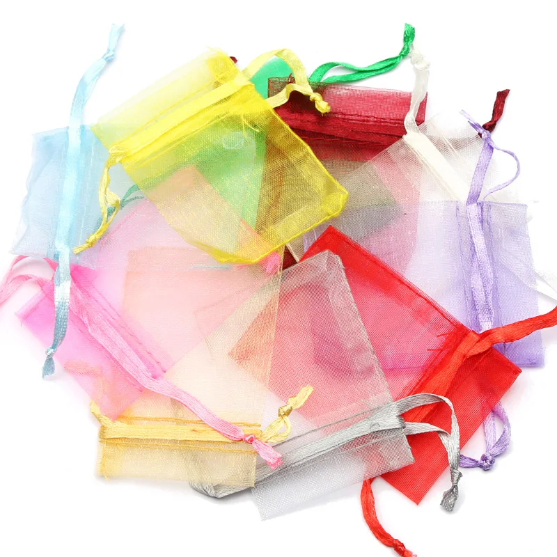 50pcs/lot Adjustable Organza Bags Drawstring Jewelry Packaging Favors Cake Pouches Candy Wedding Packing Present Pouches 4Size