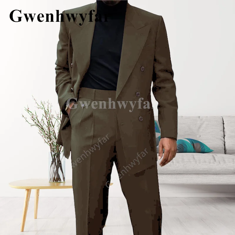 Gwenhwyfar – veste Double boutonnage mi-longue en Denim bleu pour homme, 2 pièces, costume de mariage, avec pantalon, nouvelle mode