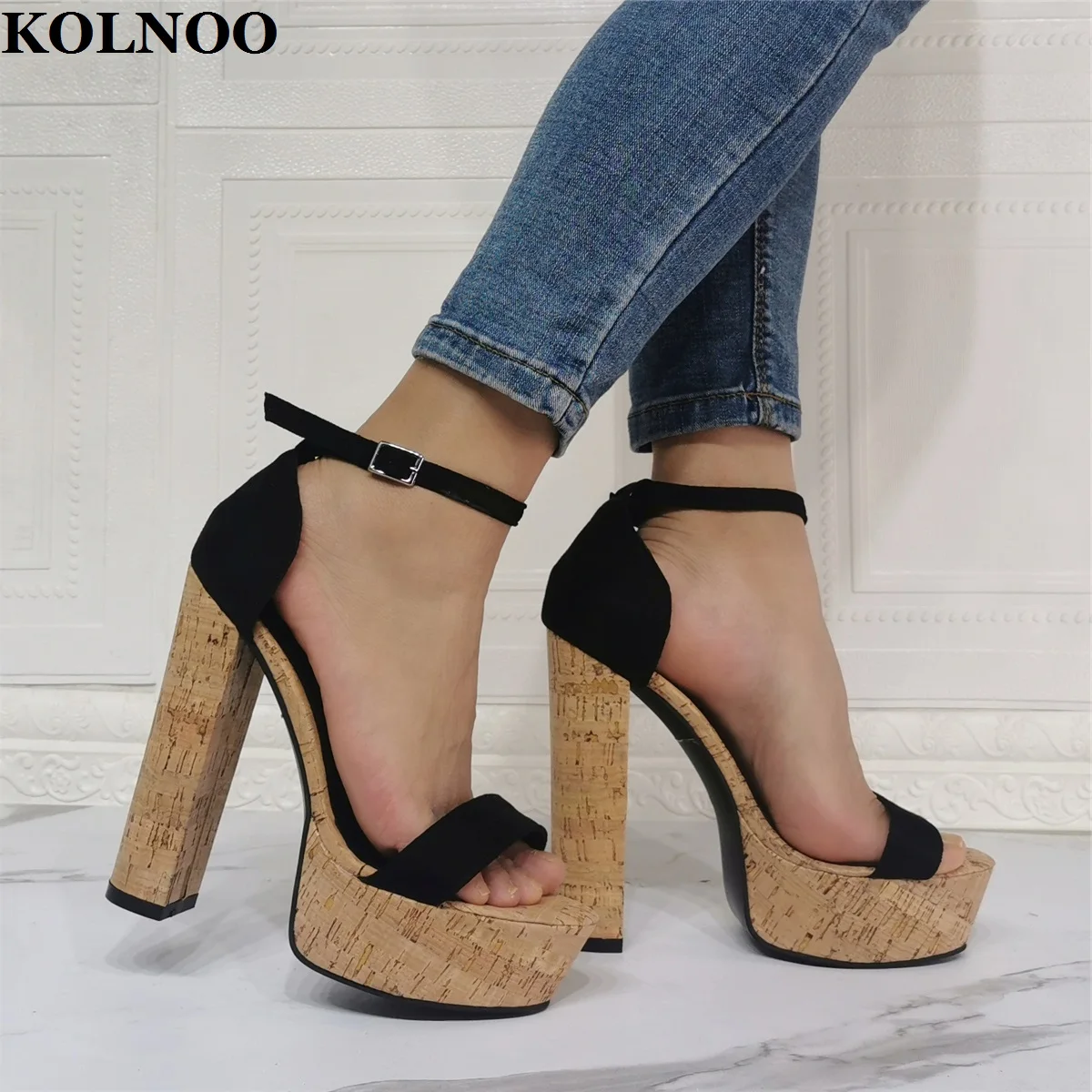 Kolnoo Handmade New Womens Chunky Heels Sandals Black Kid Suede Sexy Platform Real Photos Summer Large Size 35-47 Fashion Shoes