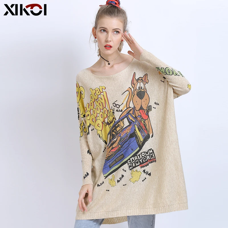 XIKOI Wool Oversized Sweaters For Women Winter Long Pullover Dresses Naughty Dog Print Jumper Casual Knitted Sweaters Pull Femme