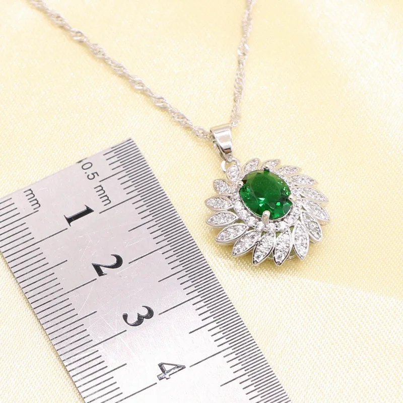 Green Imitated Emerald Crystal White Zirconia Silver color Bridal Jewelry Sets For Women Necklace Pendant Earrings Ring Bracelet