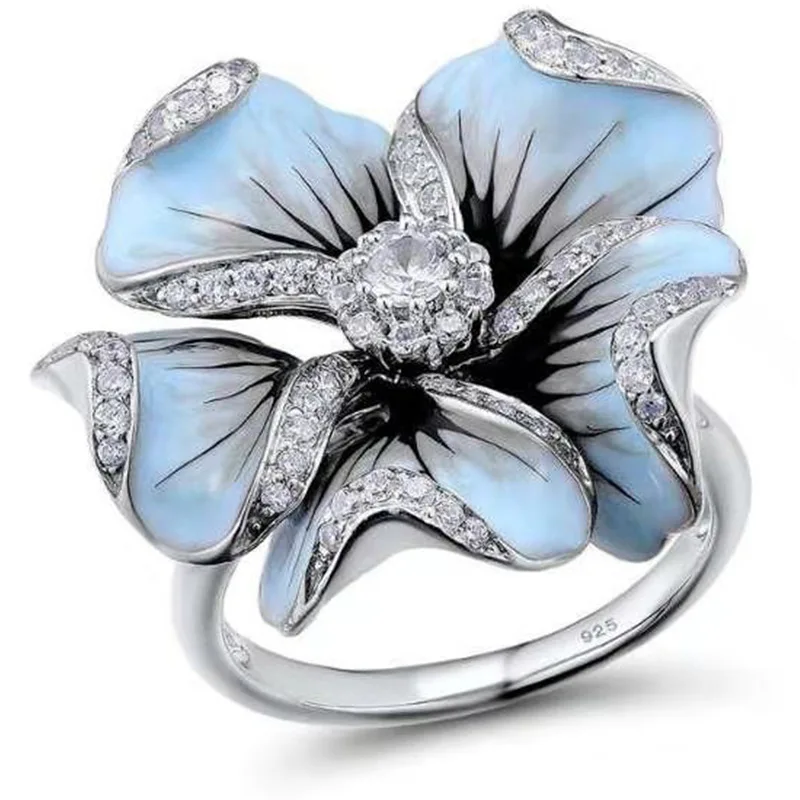 Milangirl Female Blue Big Flower Drop oil zircon ring Fashion Popular Wedding Rings for Women Party Wedding Rings