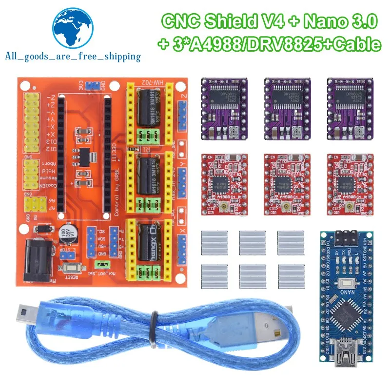 TZT 1SET 3DV4 CNC Shield V4 + Nano 3.0 + 3pcs DRV8825 or A4988  Reprap Stepper Drivers Set For  Arduino