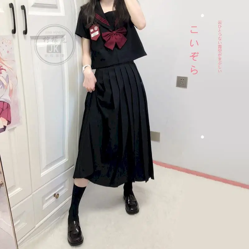 Womens Orthodox Original Basic JK Uniform Skirt Black Red Three Sailor Suit Japanese Long-sleeved Short-sleeved Student Suit JKS