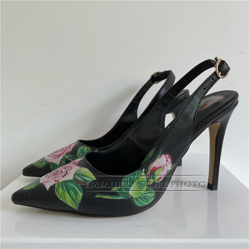 Stampa fiore punta a punta décolleté da donna Sexy tacchi alti sottili Slingbacks vera pelle Slip-on primavera Mary Janes