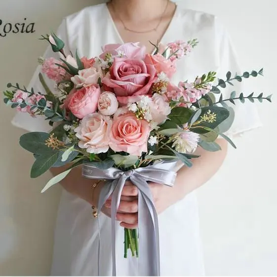 

2021 Spring New Dusty Pink Bridal Bouquet Simulation Flowers Irregular Customized Wedding Props Bride Bouquets Photography