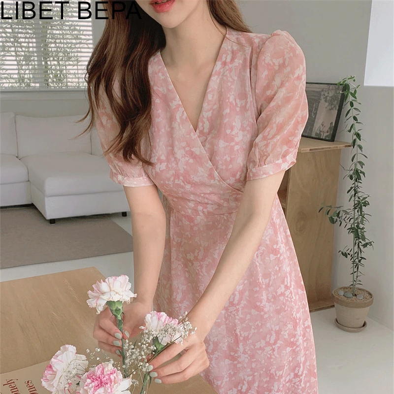 2023 New Casual V-Neck High Waist Chiffon Print Floral Elegant Lace Up Wild Vintage Women Autumn Winter Lady Long Dress DR3517