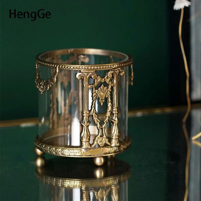 European Glass Pencil Holder India Retro Relief Brass Makeup Organizer Desk Accessories Pen Organizer Storage Bucket Decorate