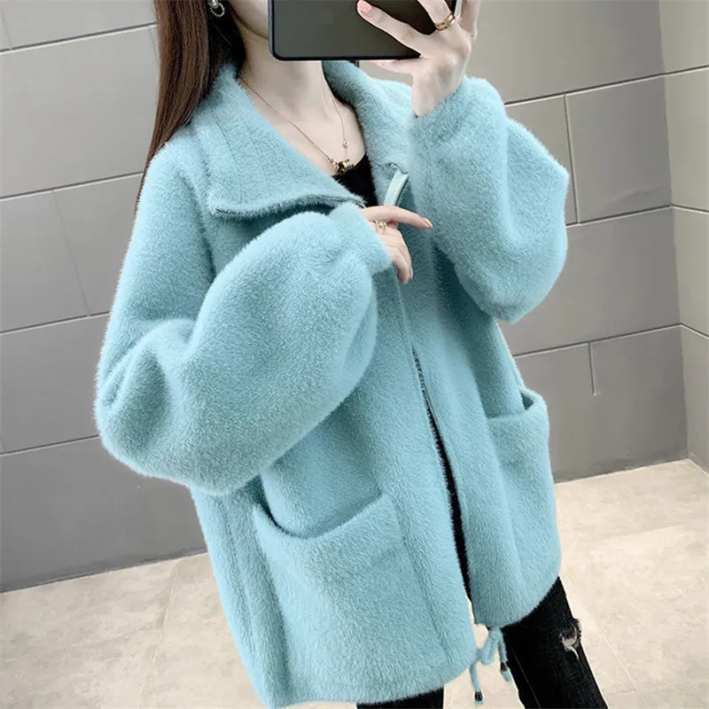 2024 Autumn Winter Thick Faux Mink Cashmere Woolen Coat Women Loose Short Outwear Korean Big Pocket Zipper Woolen Jacket Female