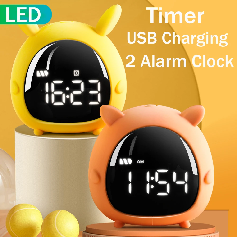 Cute LED Electronic Digital Alarm Clock USB Recharge Wake Up Night Light Table Lamp Clock Kid Christmas Gift Bedroom Decoration