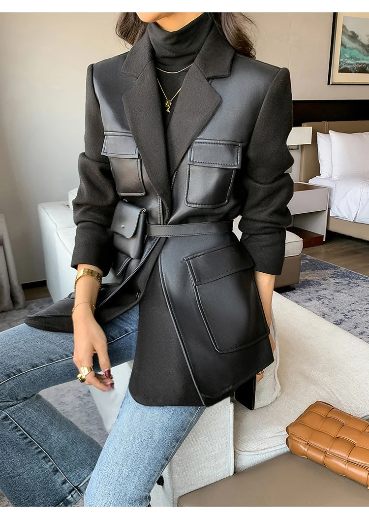 Nerazzurri Autumn Black Wool Blends Patchwork Leather Jacket Women with Many Pockets Long Sleeve Korean Fashion Streetwear 2022