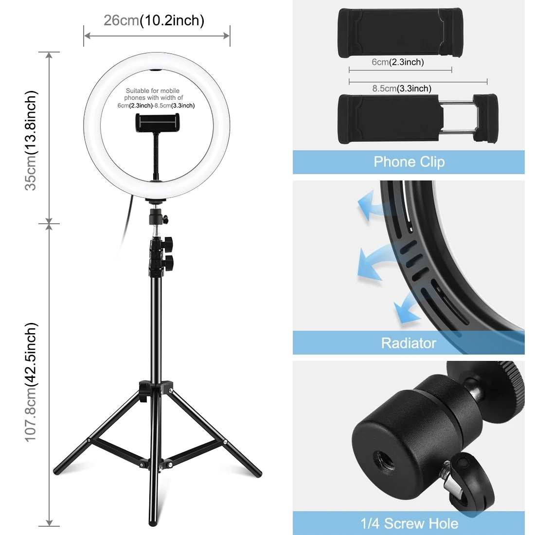 PULUZ 10.2 inch 26cm LED Ring Light with Light Stand Vlogging Video Light with 1.1m Tripod For YouTube Blogger Video Shooting