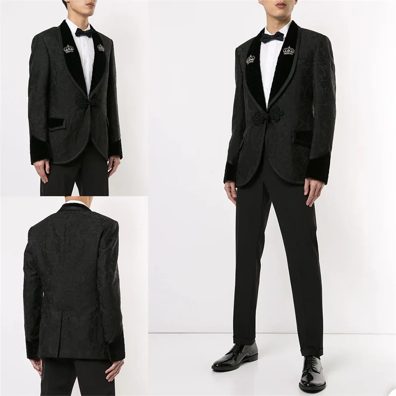 

Two Pieces Luxury Men Suits Modern Printed Black Custom Made Handsome Spring Suits Fit Slim Formal Business Coat+Pant