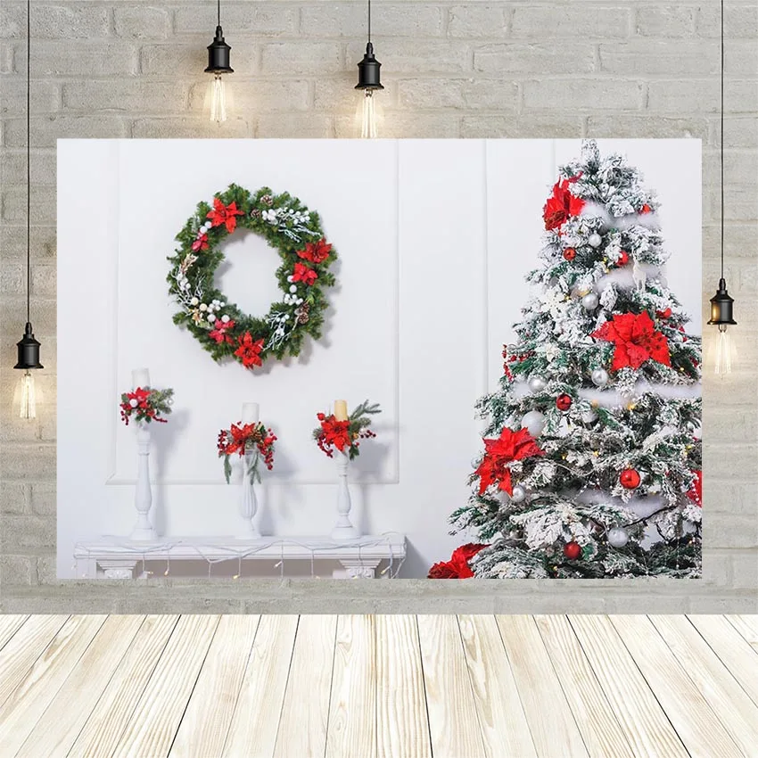 Avezano Christmas Tree Photography Background White Wall Wreath Candle Holder Portrait Decoration Backdrop for Photo Studio Drop