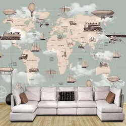 Milofi Customized 3D Nordic Cartoon Hot Air Balloon World Map Large TV background wallpaper mural