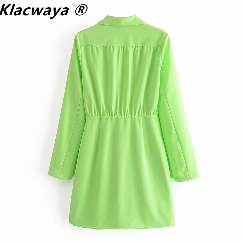 Klacwaya Za Women Fashion Summer Short Dress Long Sleeve Fluorescent Green Lapel Suit Mini Dresses Female Dresses Mujer