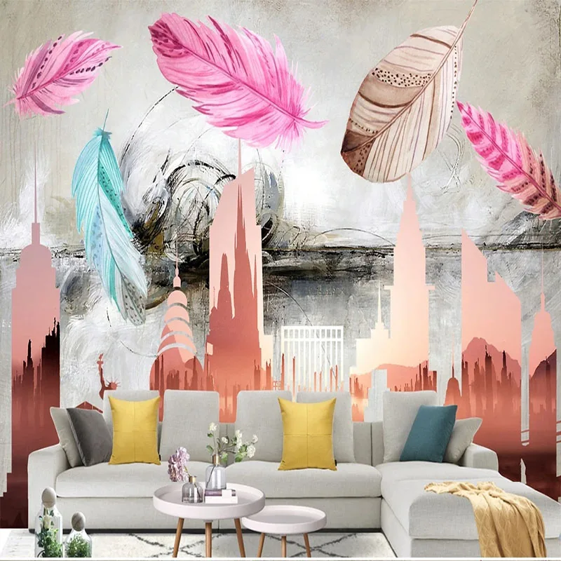 Custom Self-Adhesive Wallpaper 3D Fashion Popular Flamingo Feather Background Wall Mural Stickers Papel De Parede Fresco Tapet