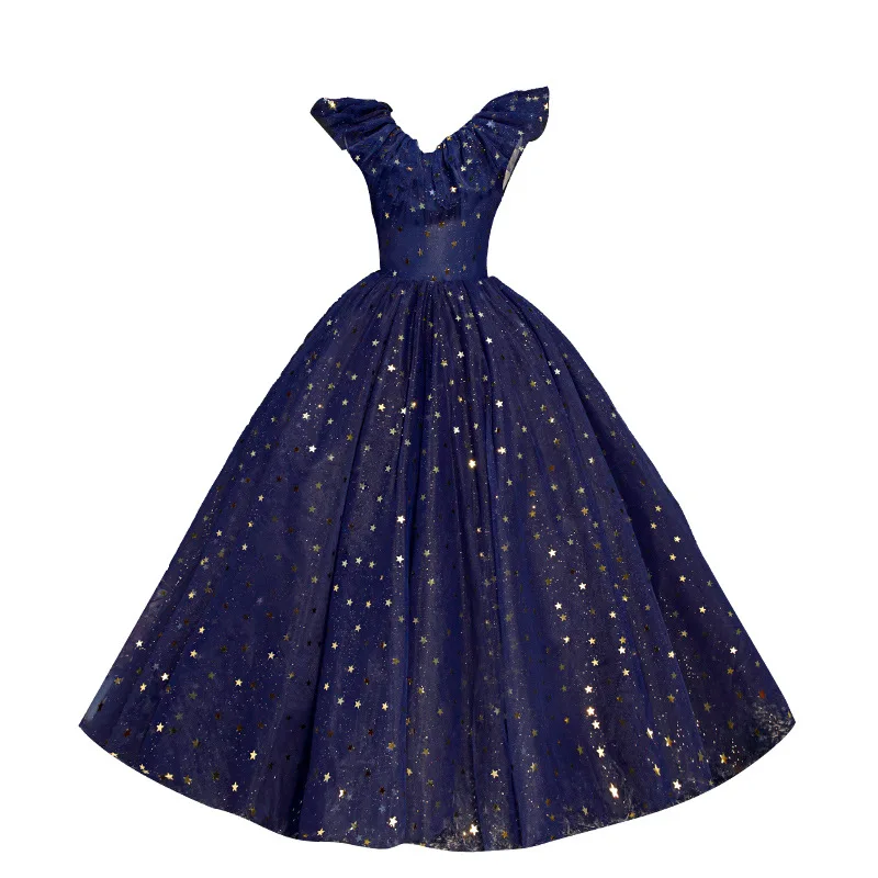 Girls Prom Bule Dress 2024 Flower Kids Pageant Wedding Ball Gown for Children Star Sequins Dress Teenagers Performance Vestidos