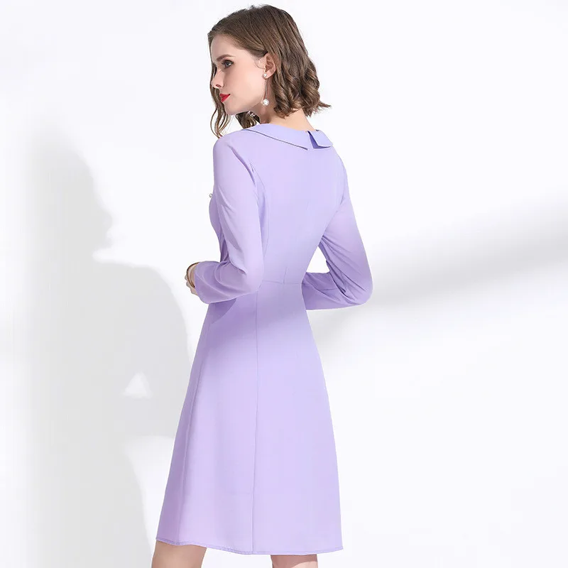 Ladies Dress Spring New Light Purple Age Reduction Round Neck Long Sleeved Slim A-Line Elegant Dress Knee Length M-XXL