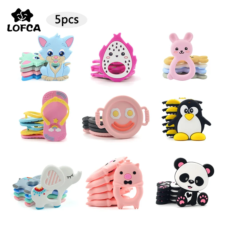 LOFCA 5pcs Baby Silicone Teether Popcorn Fruit Animal Pendant Toy BPA Free Food Grade Silicone Teething Baby Chew Nursing Gift