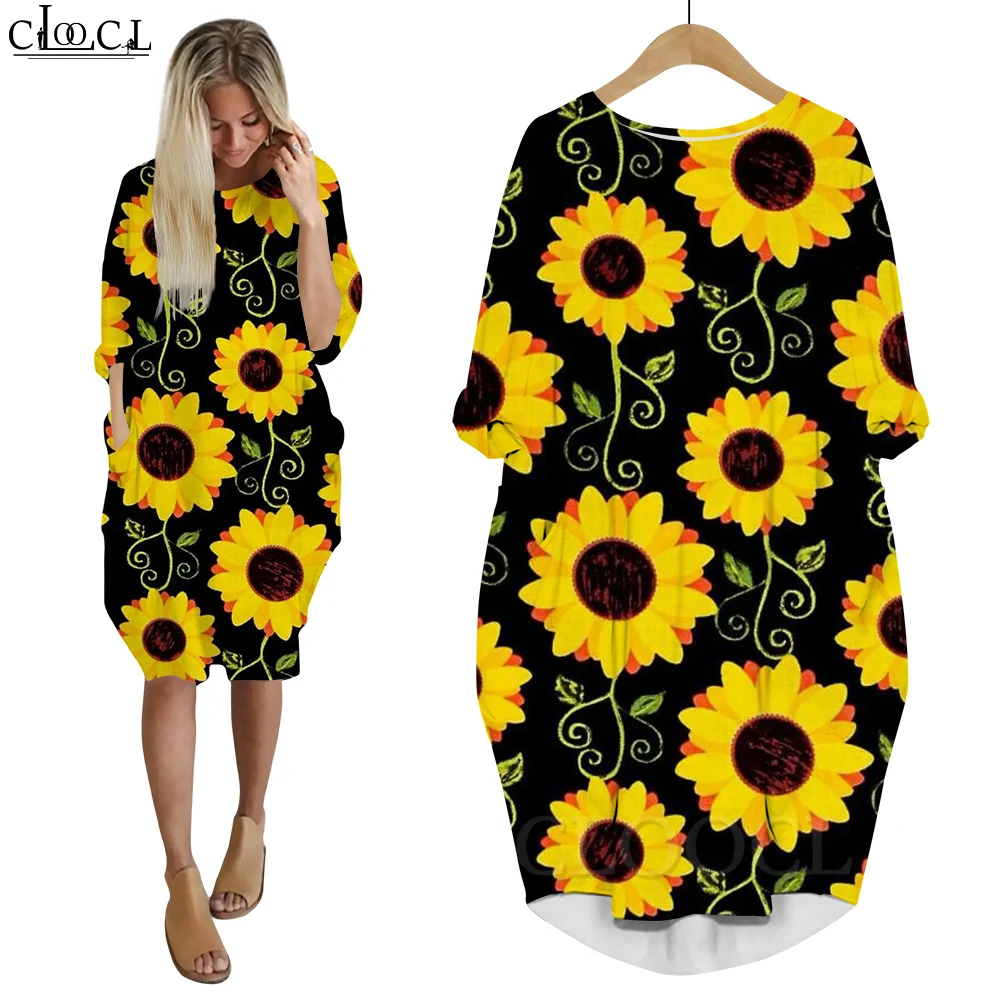 CLOOCL Women Dress Beautiful Sunflower Yellow Flowers 3D Printed Loose Daughter Dresses Long Sleeve Casual Pocket Female Dress