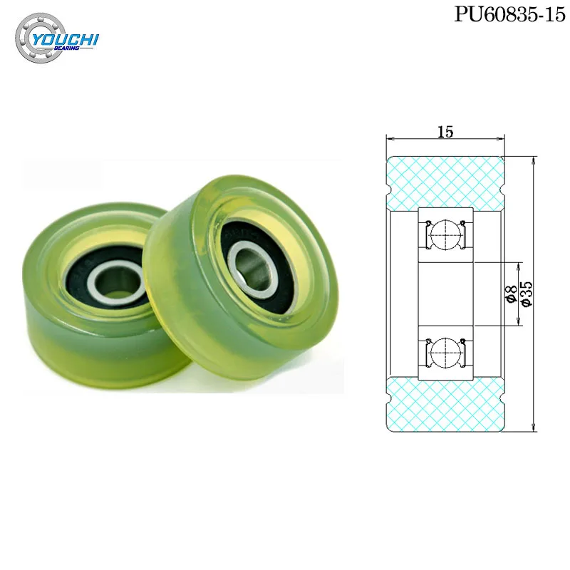 2 sztuk 8x35x15mm powlekane PU rolki z 608RS łożyska PU60835-15 miękkie gumowe łożyska OD 35 mm poliuretan ciche kółka koła pasowe