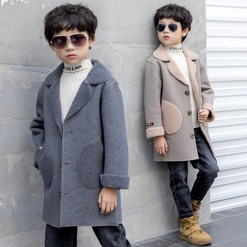 Children Casual Woolen Coat Fall Winter Boys Handsome Plush Velvet Heavy Outerwear Clothes Kids Splicing Pocket Trench Coat X498