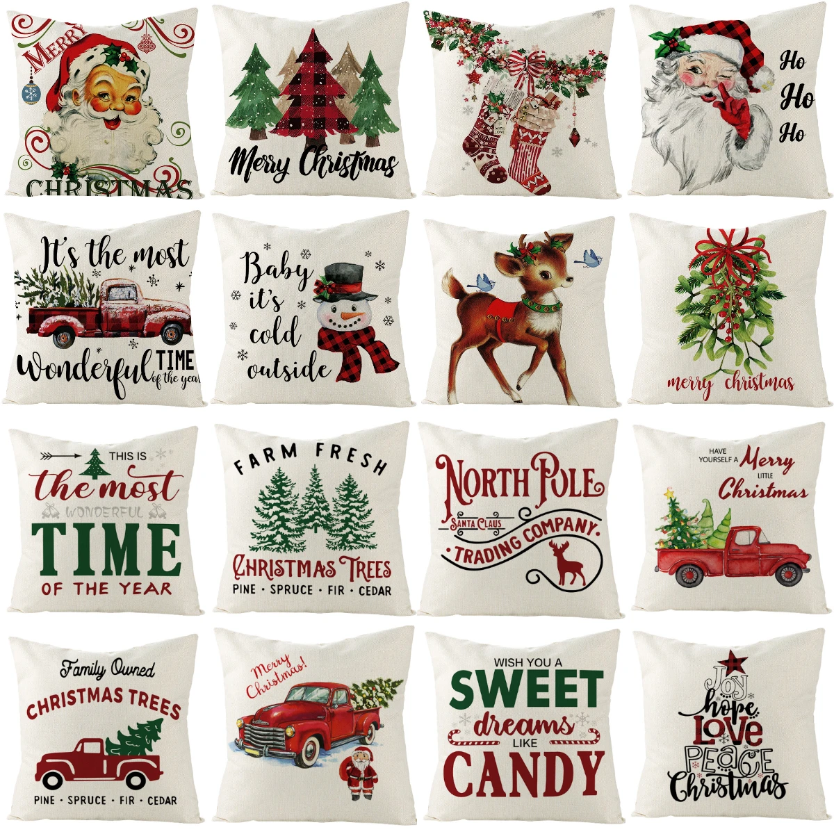 Linen Christmas Pillowcase Letters Santa Claus Christmas Trees Trucks Print Throw Pillows Home Decor Sofa Couch Cushions Cover