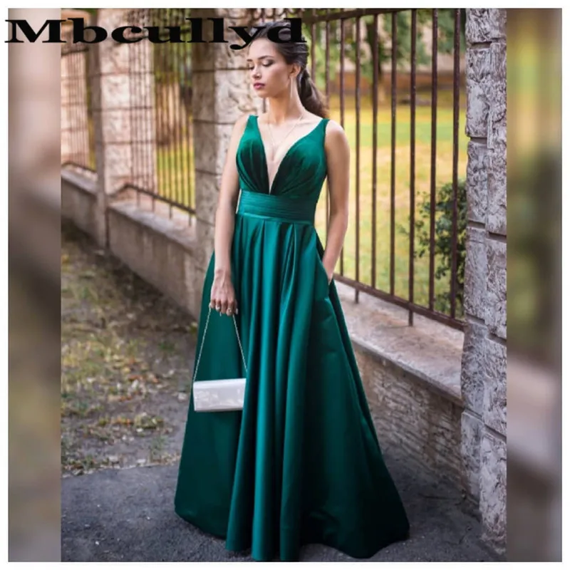 

Mbcullyd Dark Green Prom Dresses Long 2023 V-neck With Pocket Evening Party Dress For Women Backless Floor Length robe de soiree