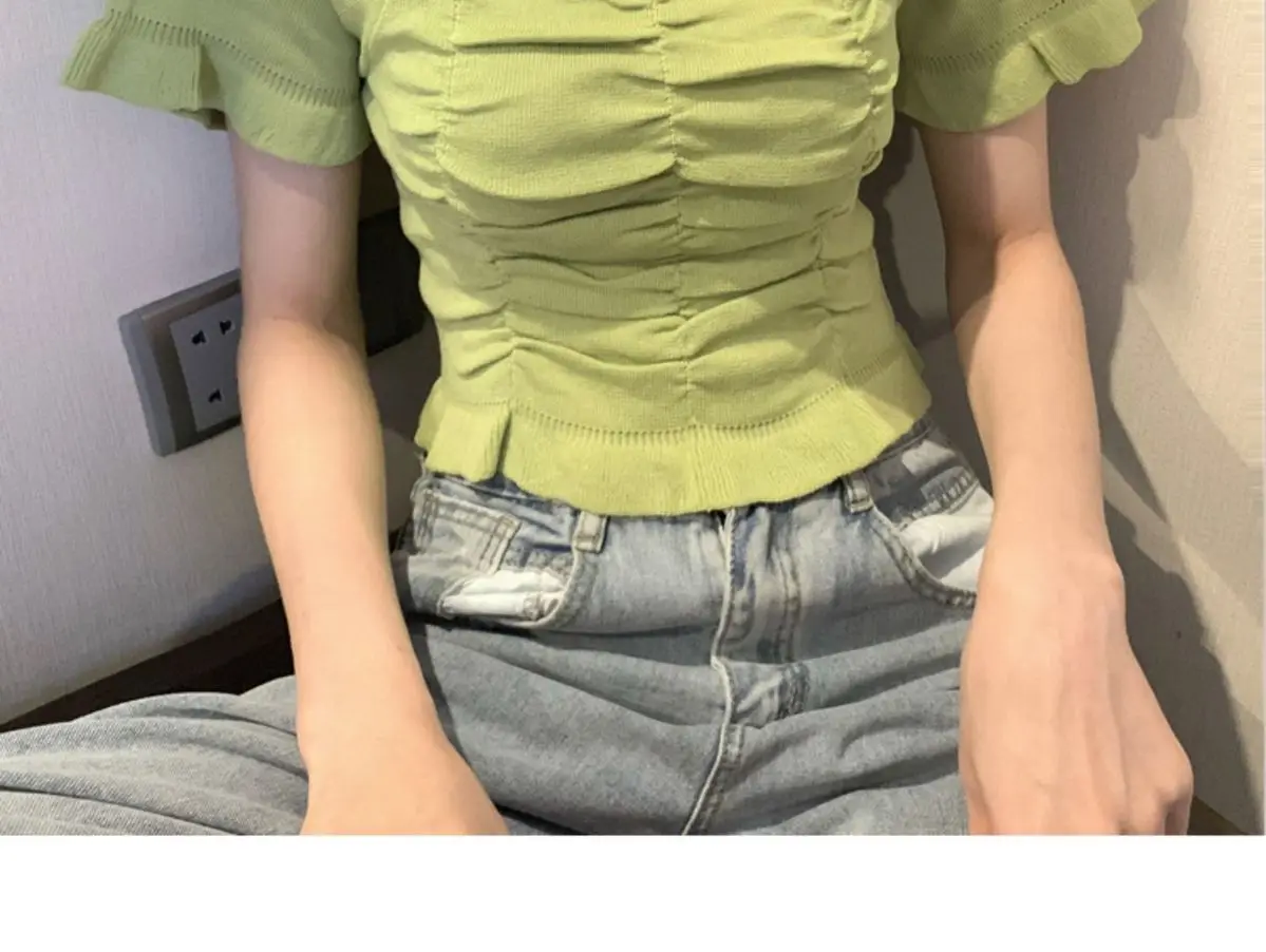 Gestrickte Modische Bluse Damen Rüschen Jugendlich Elegant Sommer Crop Top Sexy Figurbetonte Bluse Kurzarm – Detail 11