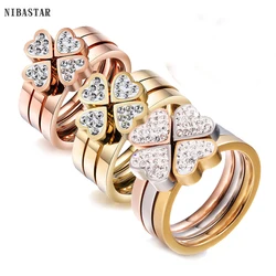 Gorgeous Three Ring Set For Women High Quality Stainless Steel three colors Crystal Clover Ring With crystals