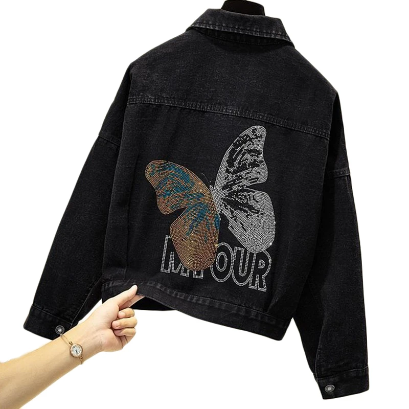 Large Size Denim Jacket Women Loose Fashion Hot Rhinestone Black Basic Outerwear Spring Autumn New Casual Bomber Overcoat 95kg