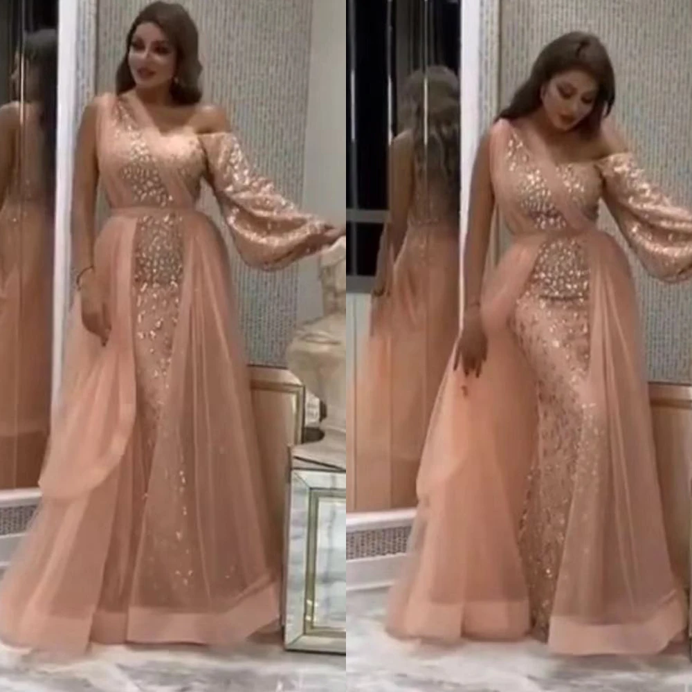 crystal prom dresses 2020 one shoulder long sleeve rhinestone peach evening dresses formal party dresses