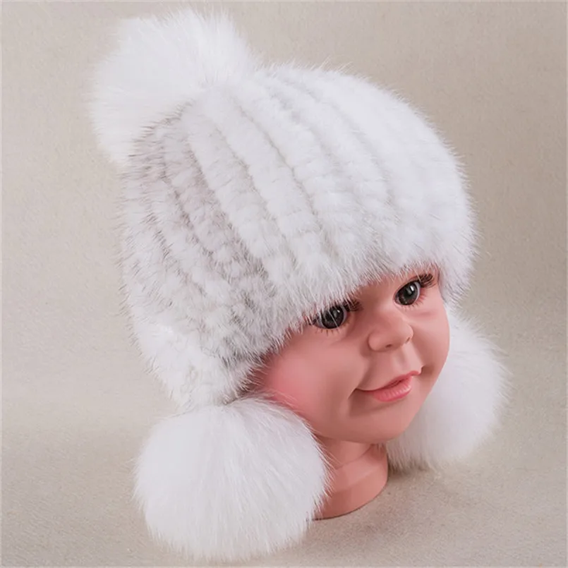 New Arrival Winter Hat for Baby Girl Boy Child Caps of Real Mink Fur Cap with Big Pompom Ball Fashion Warm Knitting Headwear H30