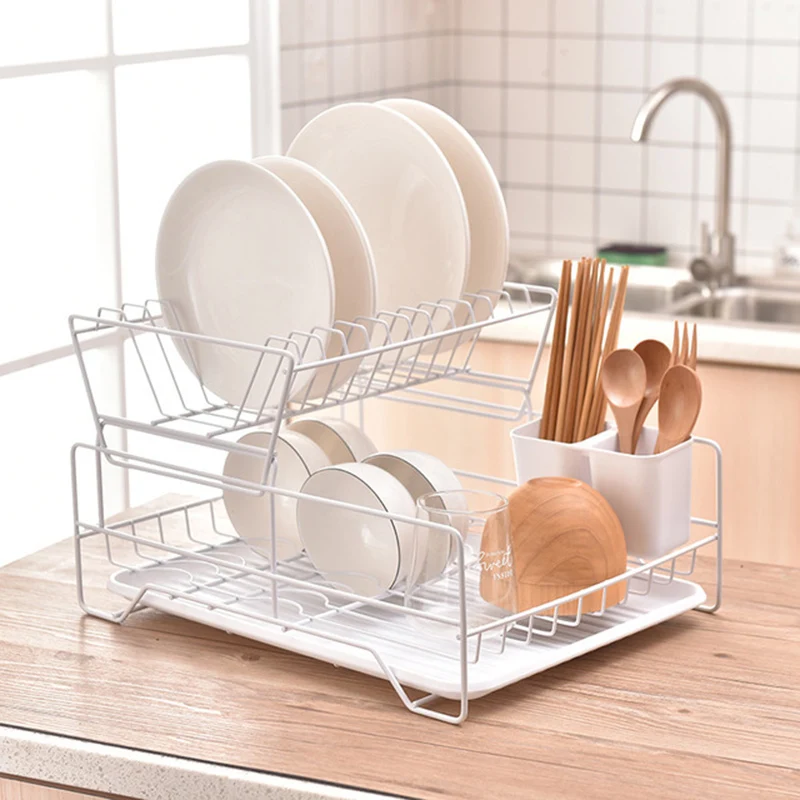 

Double Rows Stainless Steel Dishes Drying Rack with Drain Board for Kitchen Counter Dishes Rack with Utensil Holder