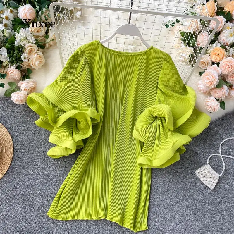 Women's Shirt Ins Ruffle Short Sleeve Sense Butterfly Sleeve Loose Pleated Chiffon Female Summer Solid Tops New Tide Blouse