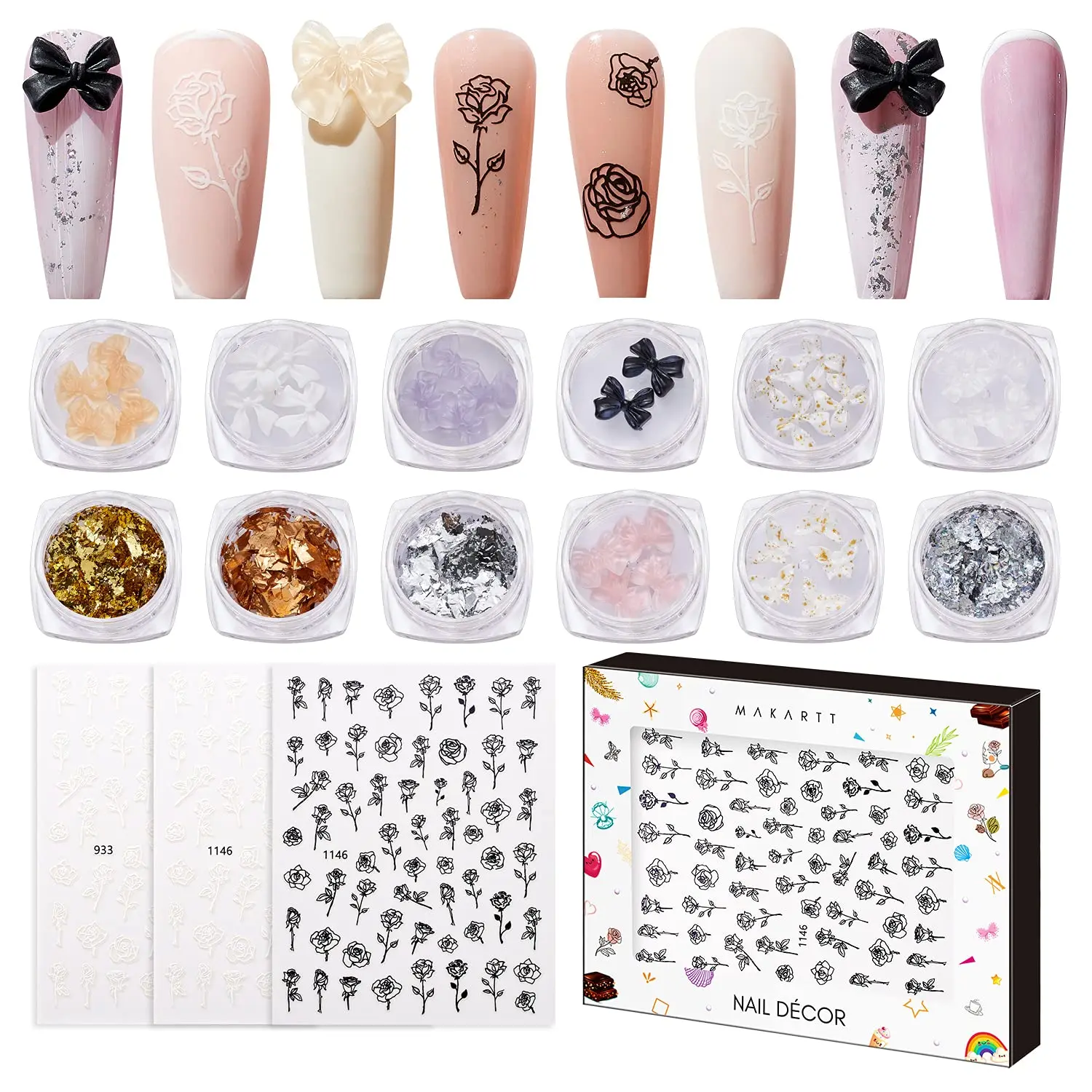 

Makartt Nail Decoration Set 12 Boxes Nail Jewels Sequins Nail Glitters with 3 Sheets Nail Foil Prints Stickers DIY Acrylic Nail