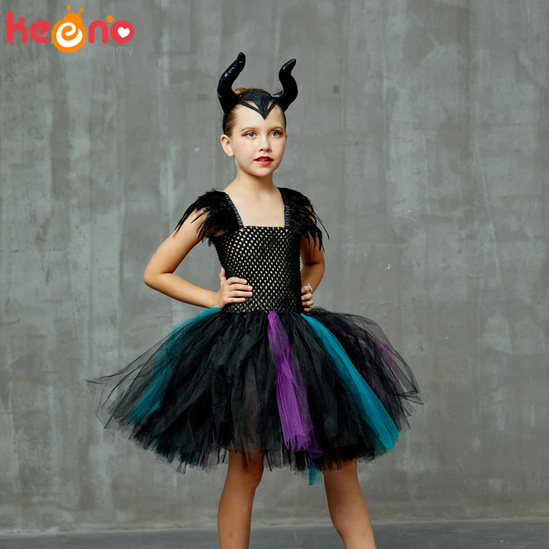 Kids Evil Queen Halloween Fancy Costume Girls Devil Witch Tutu dress with Horns for Cosplay Carnival Party Clothing