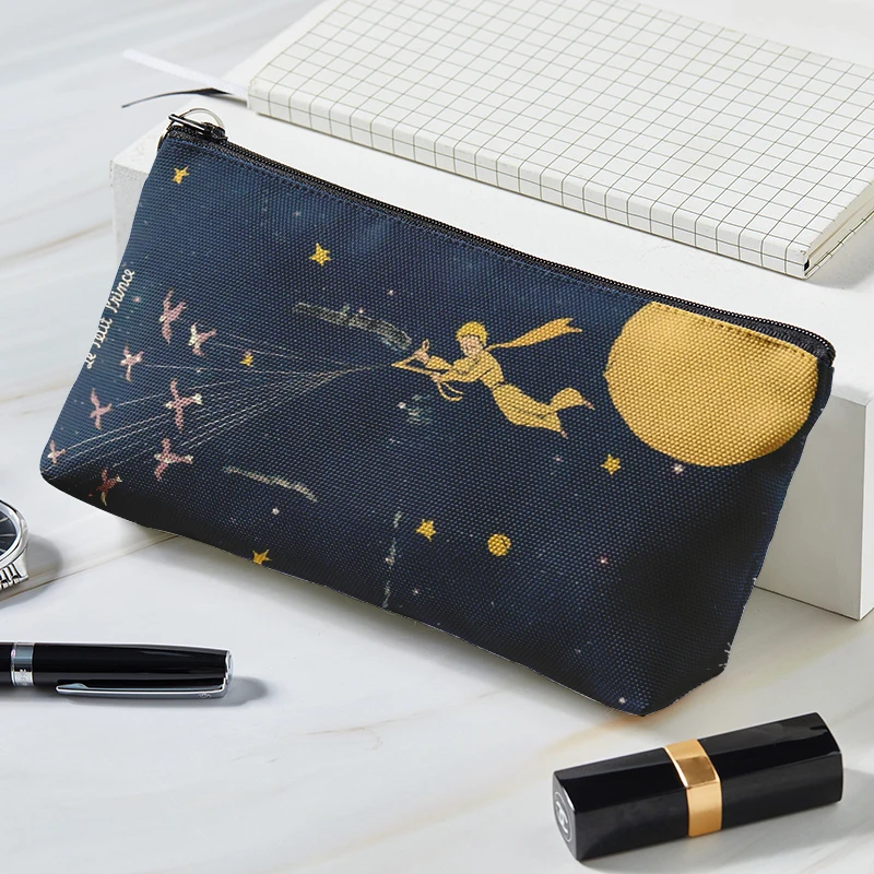 Bolsa de maquillaje de lona con estampado de principito de dibujos animados para mujer, organizador de artículos de tocador, bolsa de cosméticos de