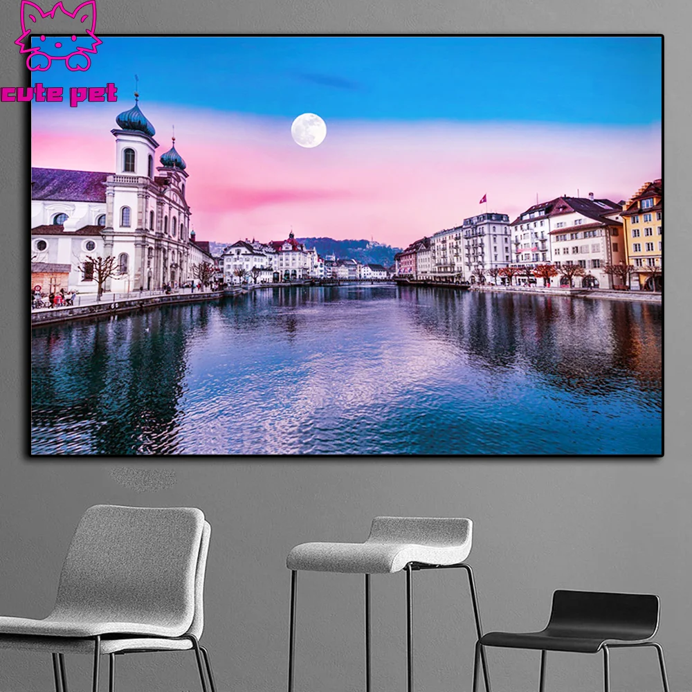 5D Diamond Embroidery luzern moon night sunset shveycariya lake reflection scenery DIY Diamond Painting Mosaic Home Decor gift