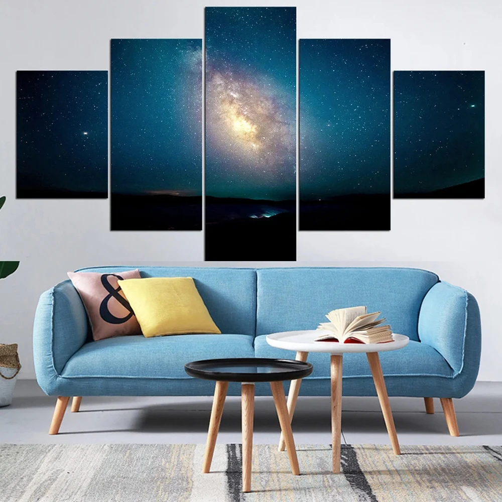 

5 Pieces Wall Art Canvas Painting Landscape Poster Blue Night Starry Sky Modern Living Room Bedroom Home Pictures Decoration