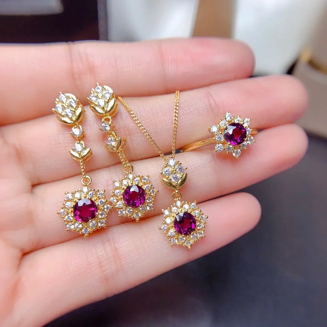 

New Luxury Gold Color Women Fashion Jewelry Sets Vintage Synthetic Ruby Garnet Red Stone Pendant Necklace Drop Earrings Ring Set