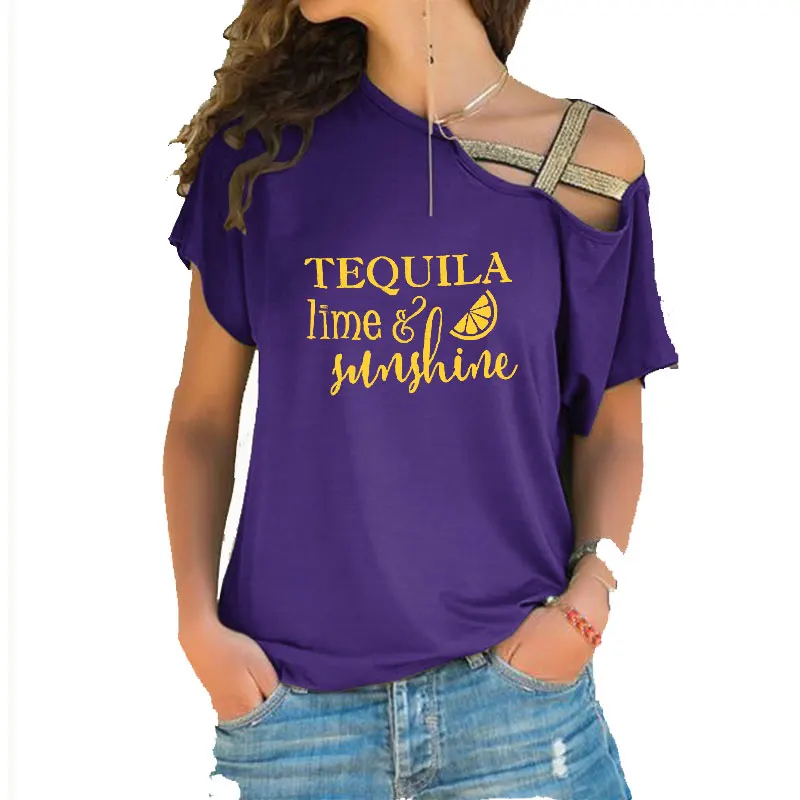 Tequila Lime & Sunshine Letter Print Women T-shirts Long Sleeve tee shirt femme Female T shirt women Irregular Skew Cross Tops