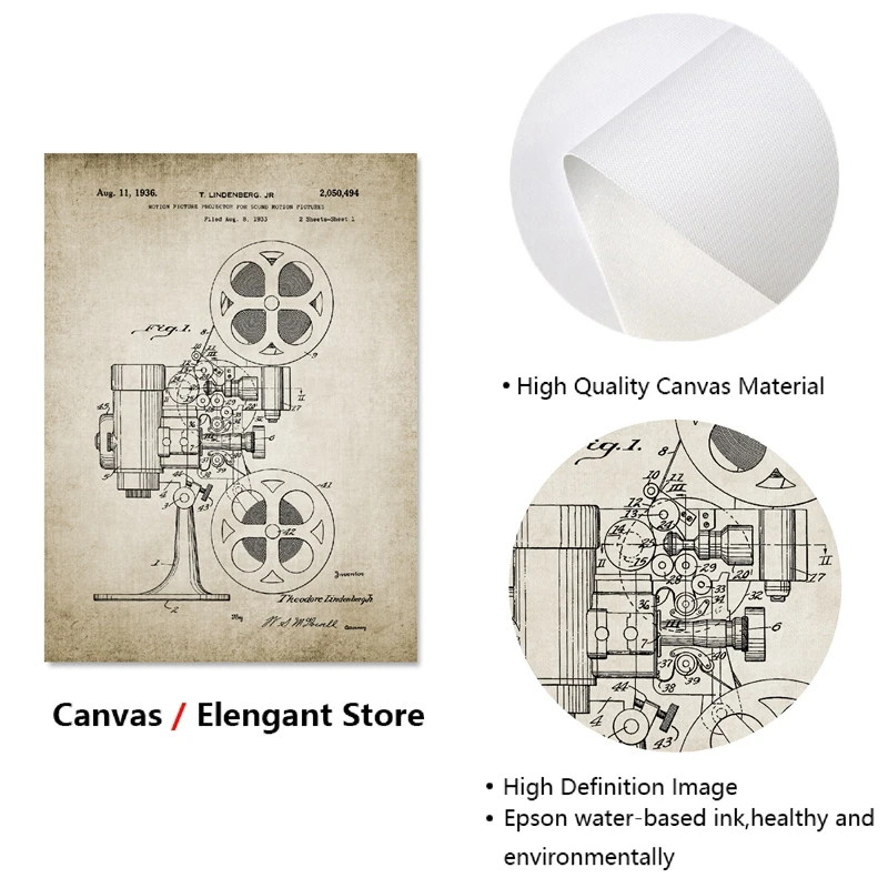 Vintage Motion Picture Camera Canvas Posters and Prints Movie Patent Wall Art Pictures Cinema Invention Painting Home Decor