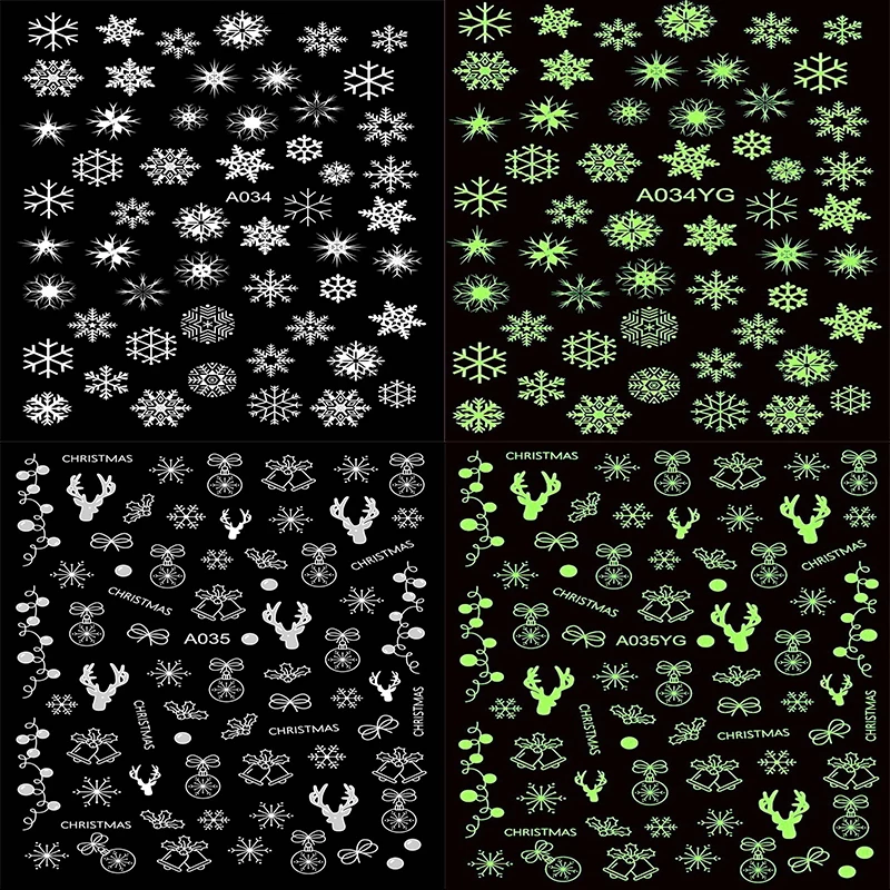 16Sheet/set Luminous Christmas Sticker Snowflakes/Tree sock/Deer Nail Art Decal Glow In The Dark Manicure Design Sticker 9*6.5cm