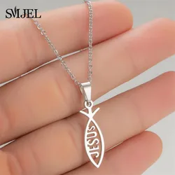 Stainless Steel Jesus Letter Necklaces Fish Christian Christianity Ichthys Fish Pendant Necklaces Jewelry Women or Men collares